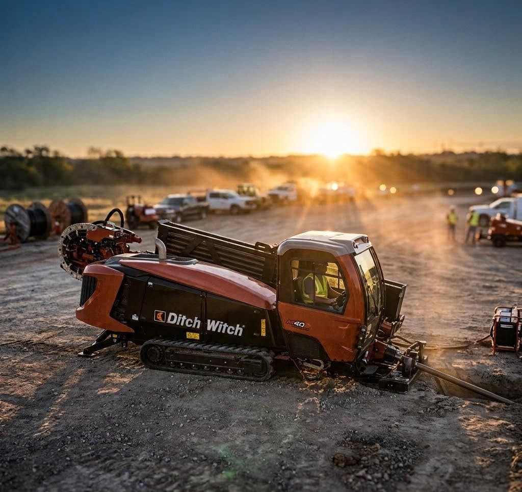 A Bailey HDD Ditch Witch AT40 directional drill on a Texas job site at sunset, operator in the cab and the drill pipe going into the ground